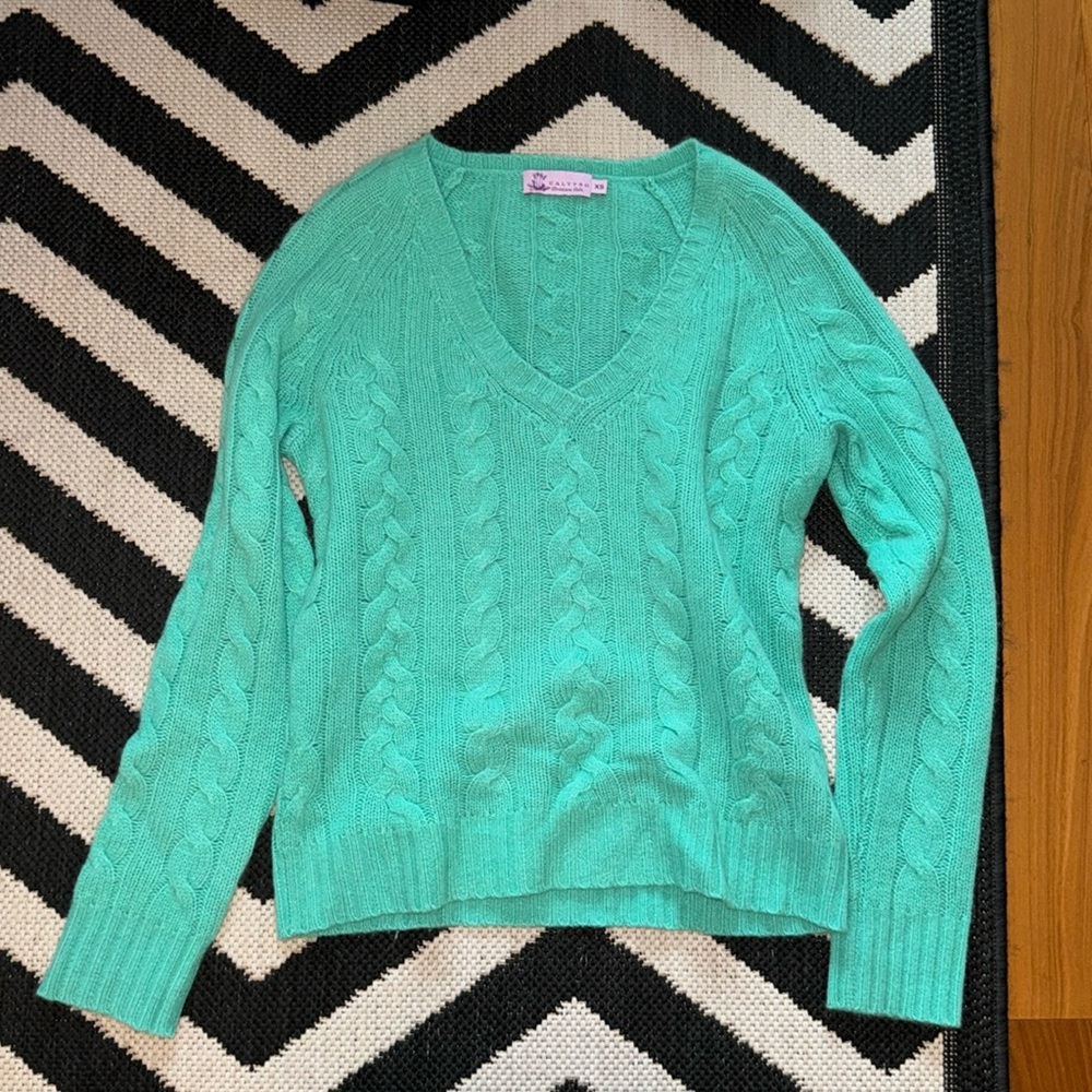 Calypso Christiane Celle Teal Blue V-Neck Cable Cashmere Sweater Size XS